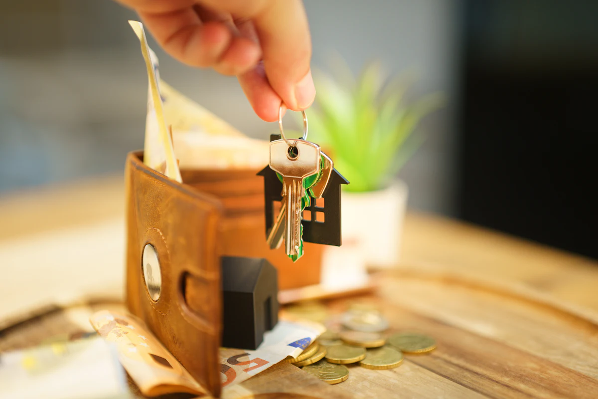 Mano sosteniendo llaves de una casa sobre una cartera
